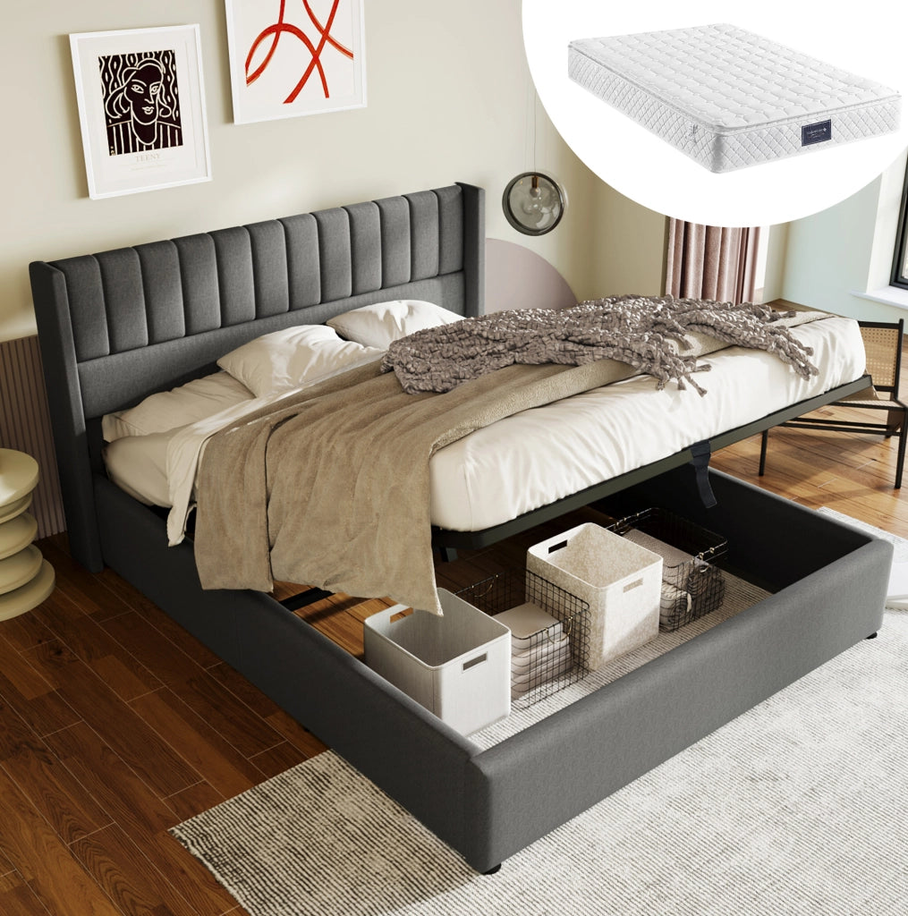 Letto contenitore matrimoniale idraulico 140 × 200 cm in lino grigio