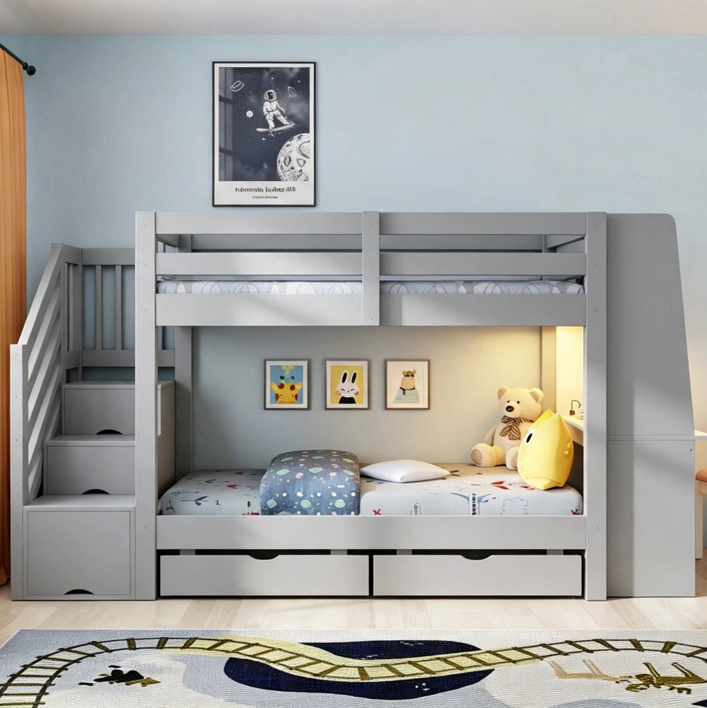Letto a castello 90 x 200 cm grigio con scrivania, scala contenitore e luci LED