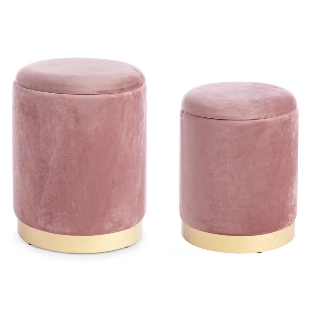 Set da 2 Pouf Contenitore Rotondi in Velluto con Base Dorata Serena Rosa