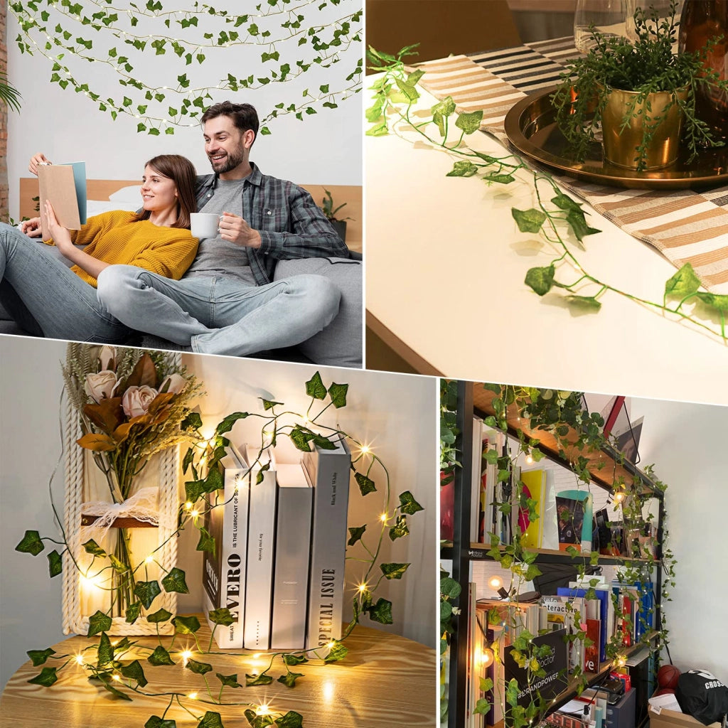 Ghirlanda di edera artificiale con 20 luci a LED, timer, 2 metri, luce bianco caldo