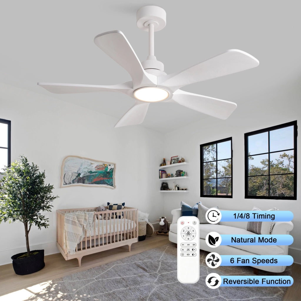 Ventilatore da soffitto bianco con luce e telecomando, 6 velocità