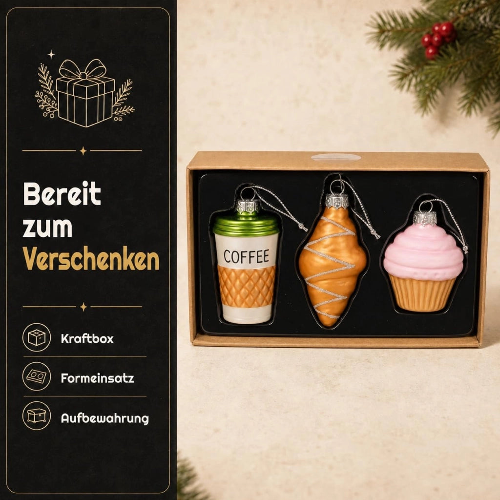 Set di 3 decorazioni natalizie in vetro: caffè e pasticcini