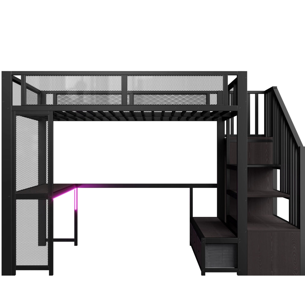 Letto a soppalco 140x200 cm nero con scrivania, LED e cassetti