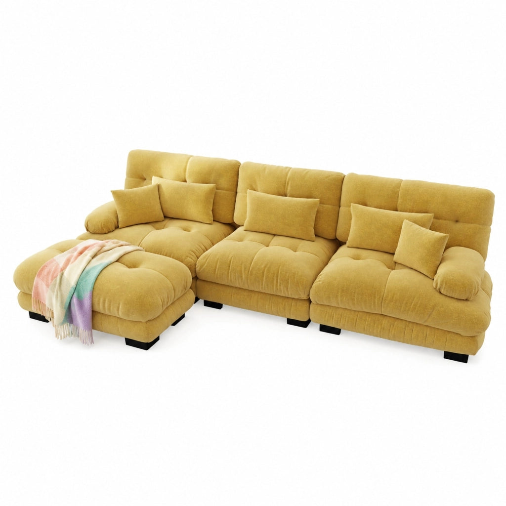 DIVANO Modulare in Chenille Giallo con pouf mobili