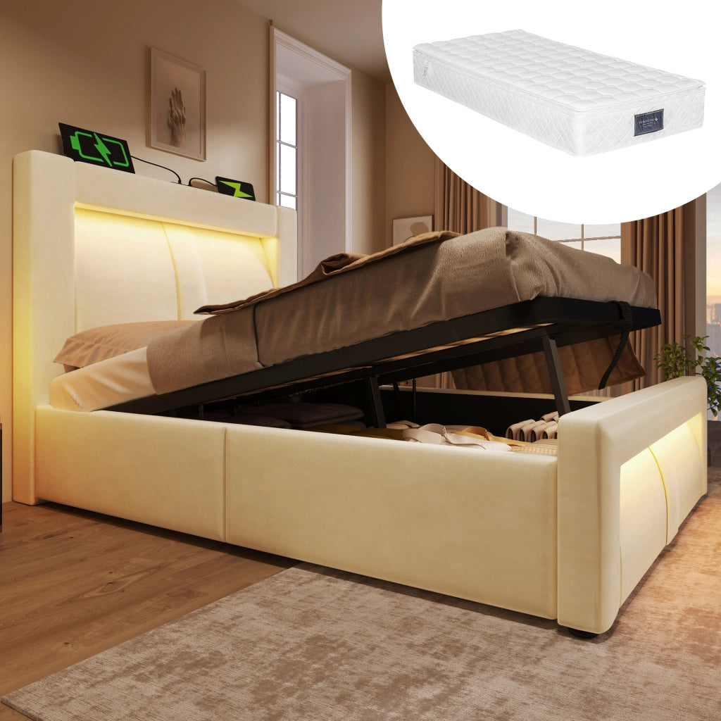 Letto contenitore singolo 90x200 cm in velluto beige, con contenitore idraulico, LED, USB e Type-C, con materasso