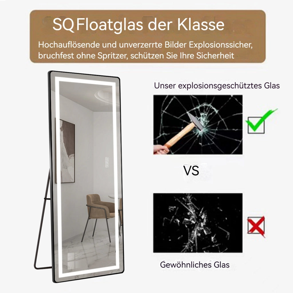 Specchio luminoso da bagno con LED dimmerabile, vetro e metallo, nero e argento