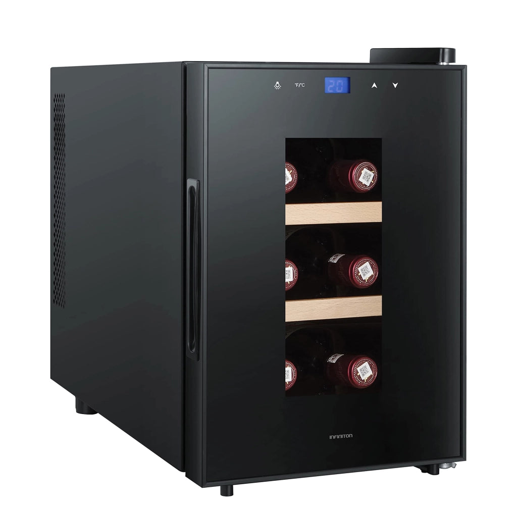 Frigorifero per vino, capacità 6 bottiglie, 20 litri, ripiani in legno, display LED, porta in vetro