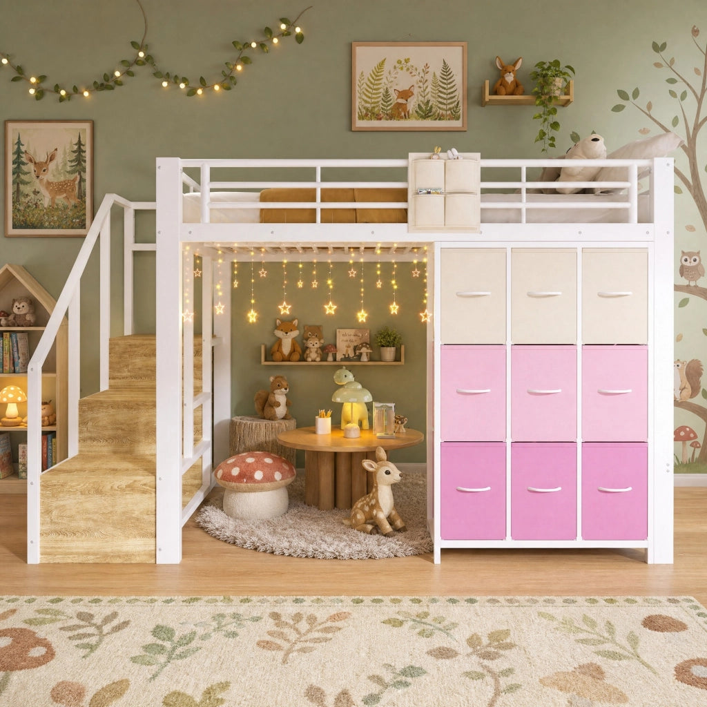 Letto a soppalco 140x200 cm in metallo e MDF con cassetti