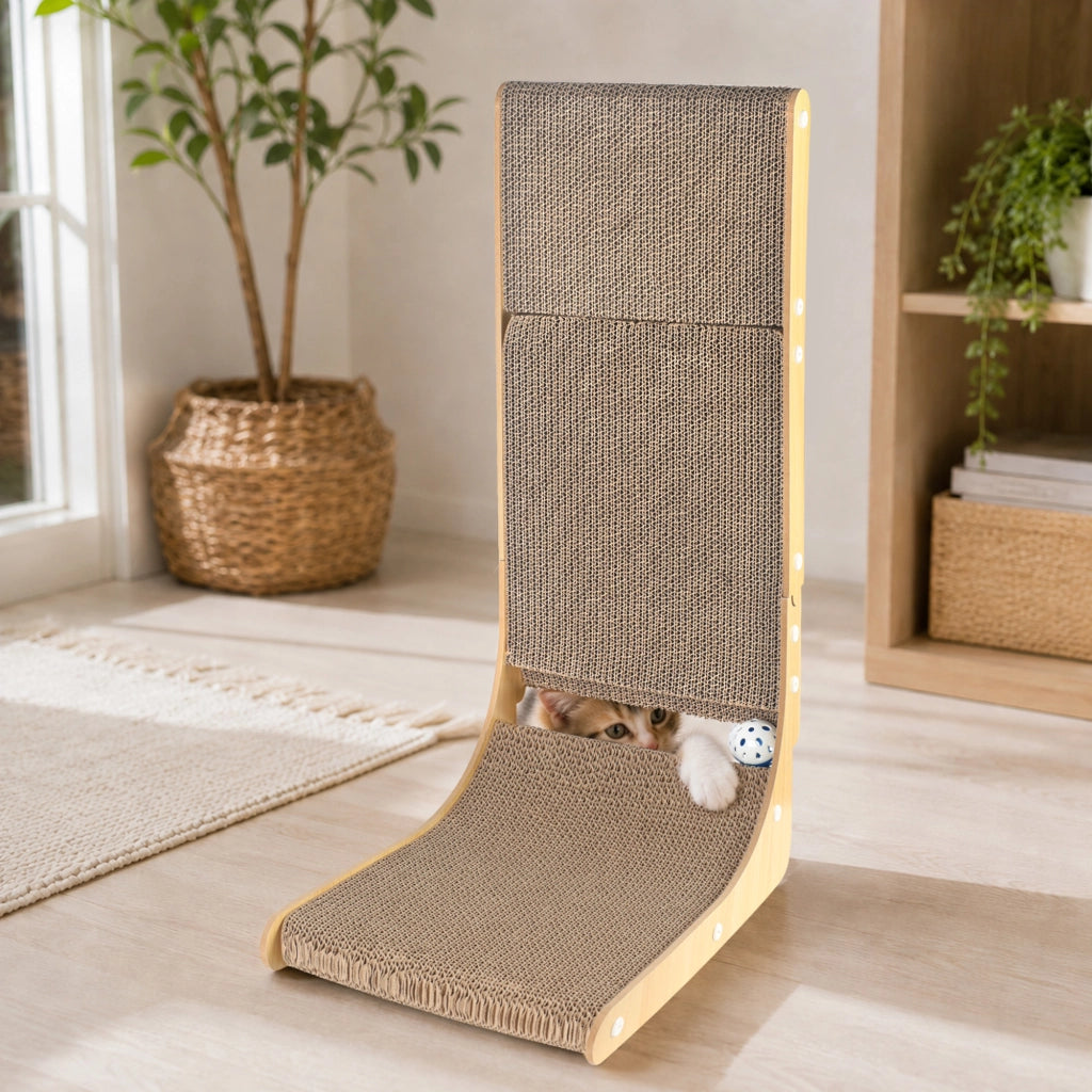 Tiragraffi a L per gatti con pallina sonaglio 68 × 40 × 28 cm