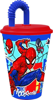 Bicchiere in vetro a tema Spiderman, capacità 430 ml, con coperchio e cannuccia, privo di BPA