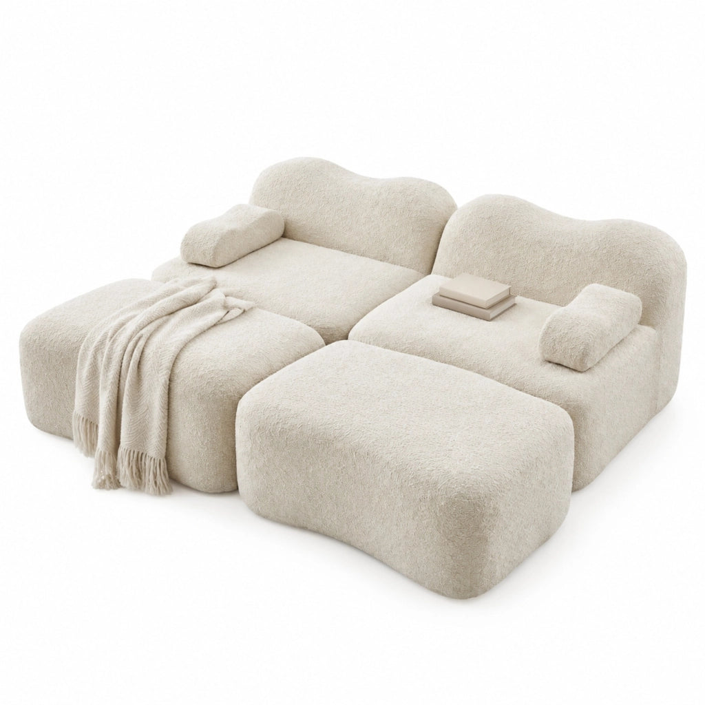 Divano modulare senza telaio in velluto beige con pouf