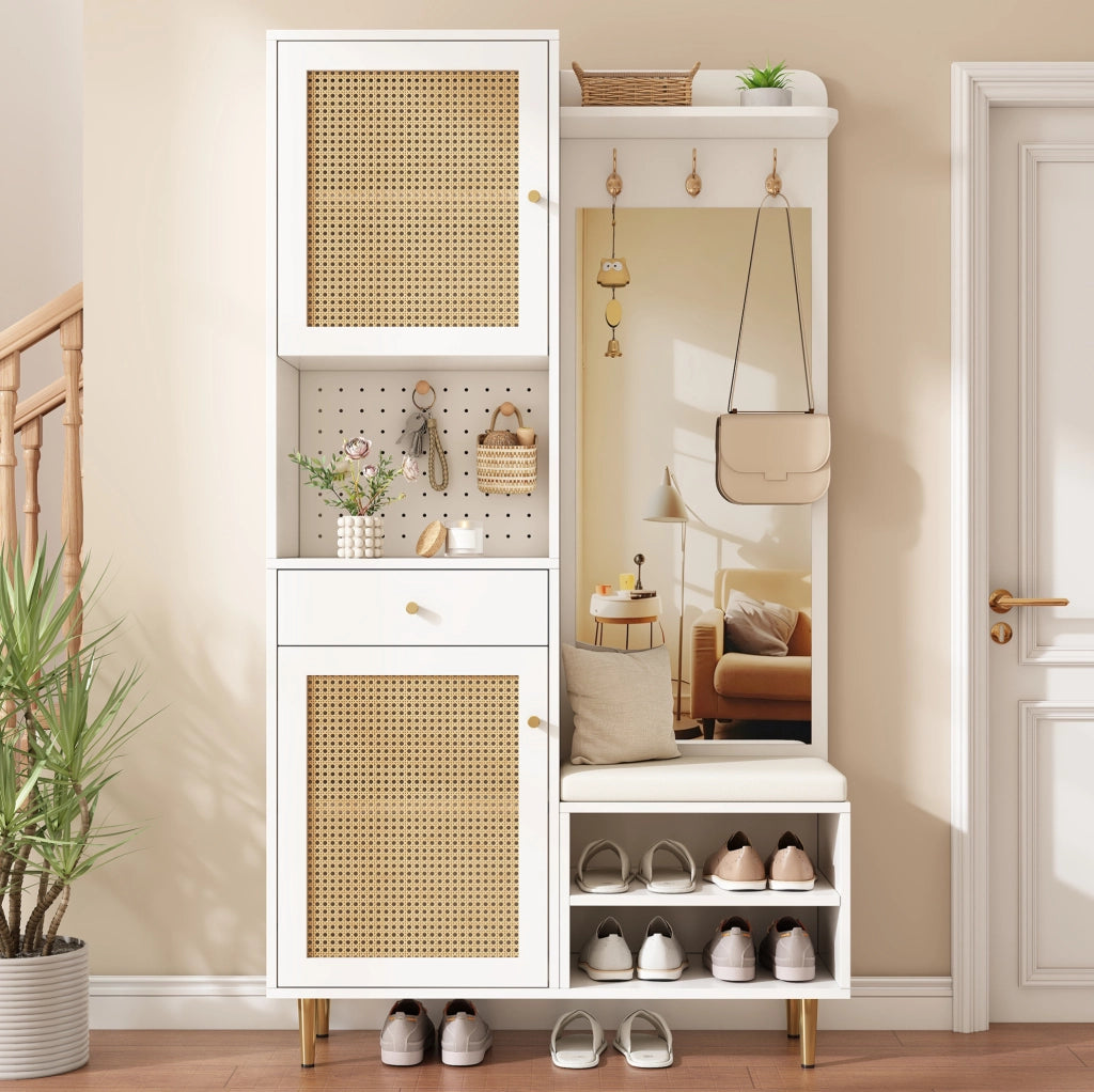 Mobile ingresso con panca, specchio e scarpiera, 99x35x180 cm
