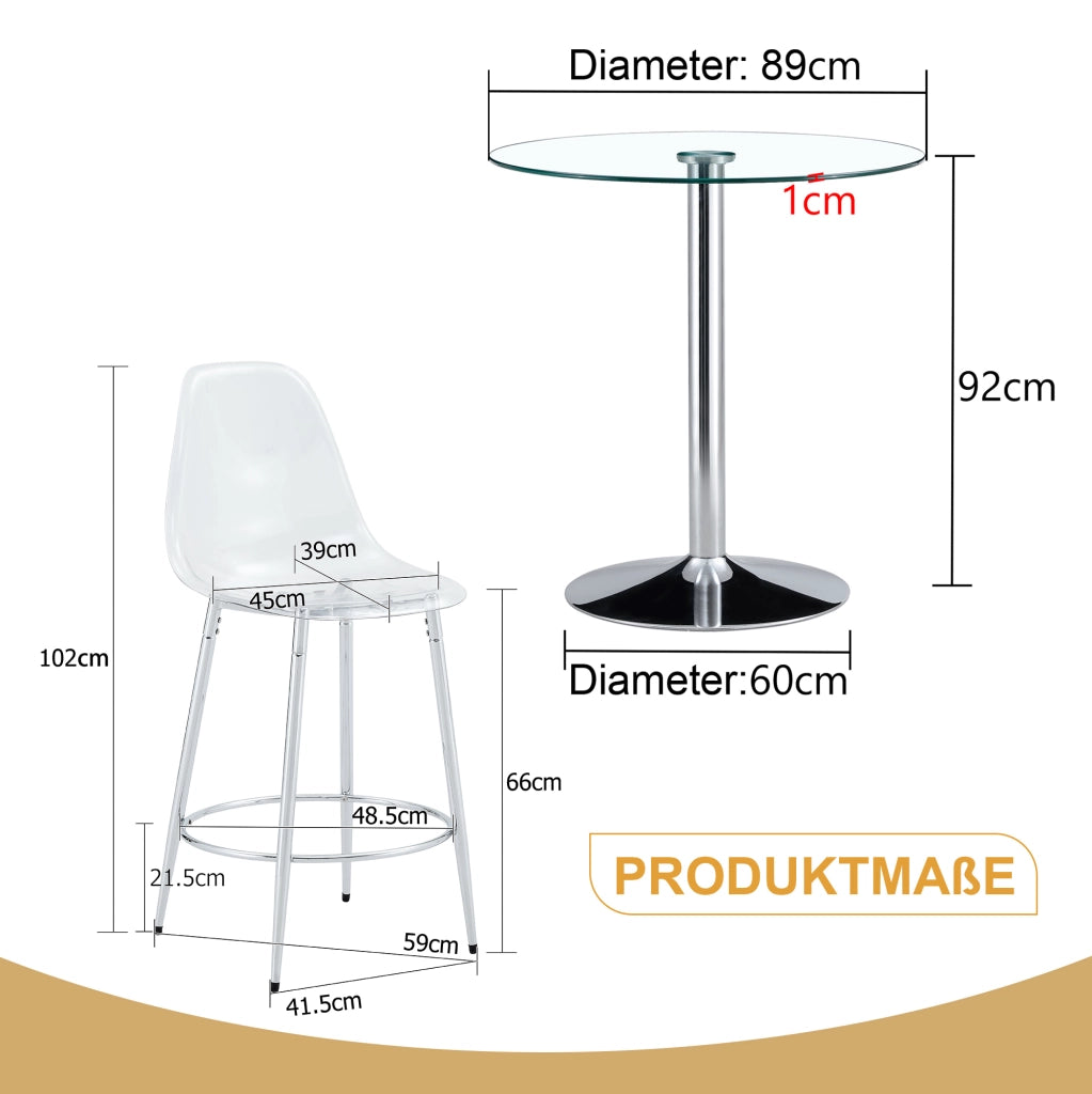 TAVOLO bar con sgabelli, piano in vetro Ø 89 cm, argento e trasparente