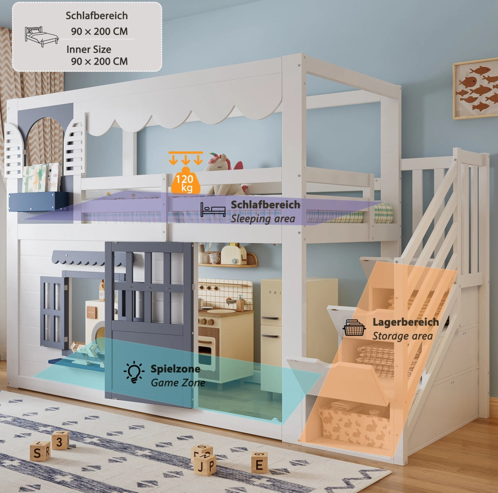 Letto rialzato per bambini 90x200 cm a casetta bianco e blu con scala contenitore
