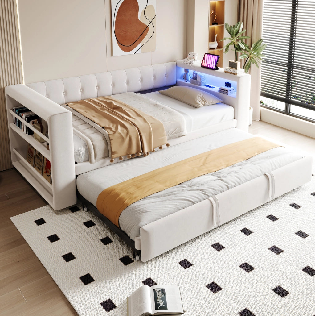 Divano letto multifunzionale 90/180x190 cm con LED e presa in flanella beige