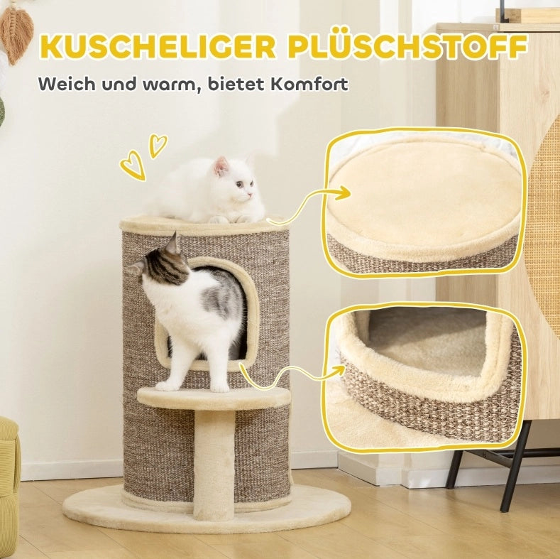 Tiragraffi a torre per gatti a 2 livelli con cuccette e piattaforma, beige e marrone