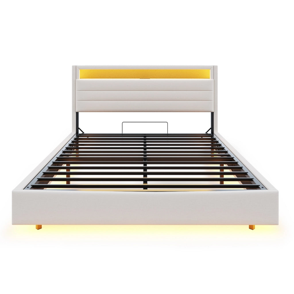 Letto imbottito 160x200 cm con contenitore idraulico, USB e LED in tessuto beige