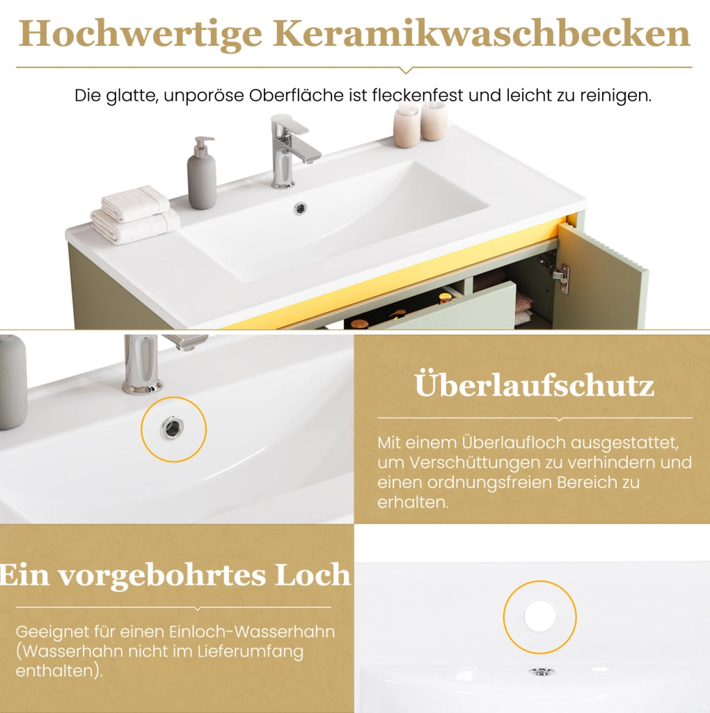 Mobile bagno sospeso 81 cm verde con lavabo in ceramica e illuminazione LED