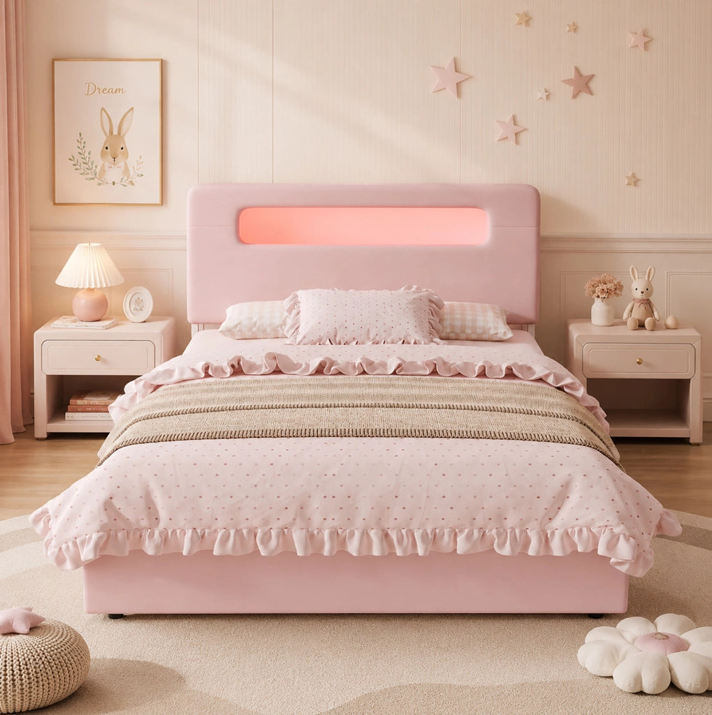 Letto imbottito per bambini 140 x 200 cm rosa con 4 cassetti e LED