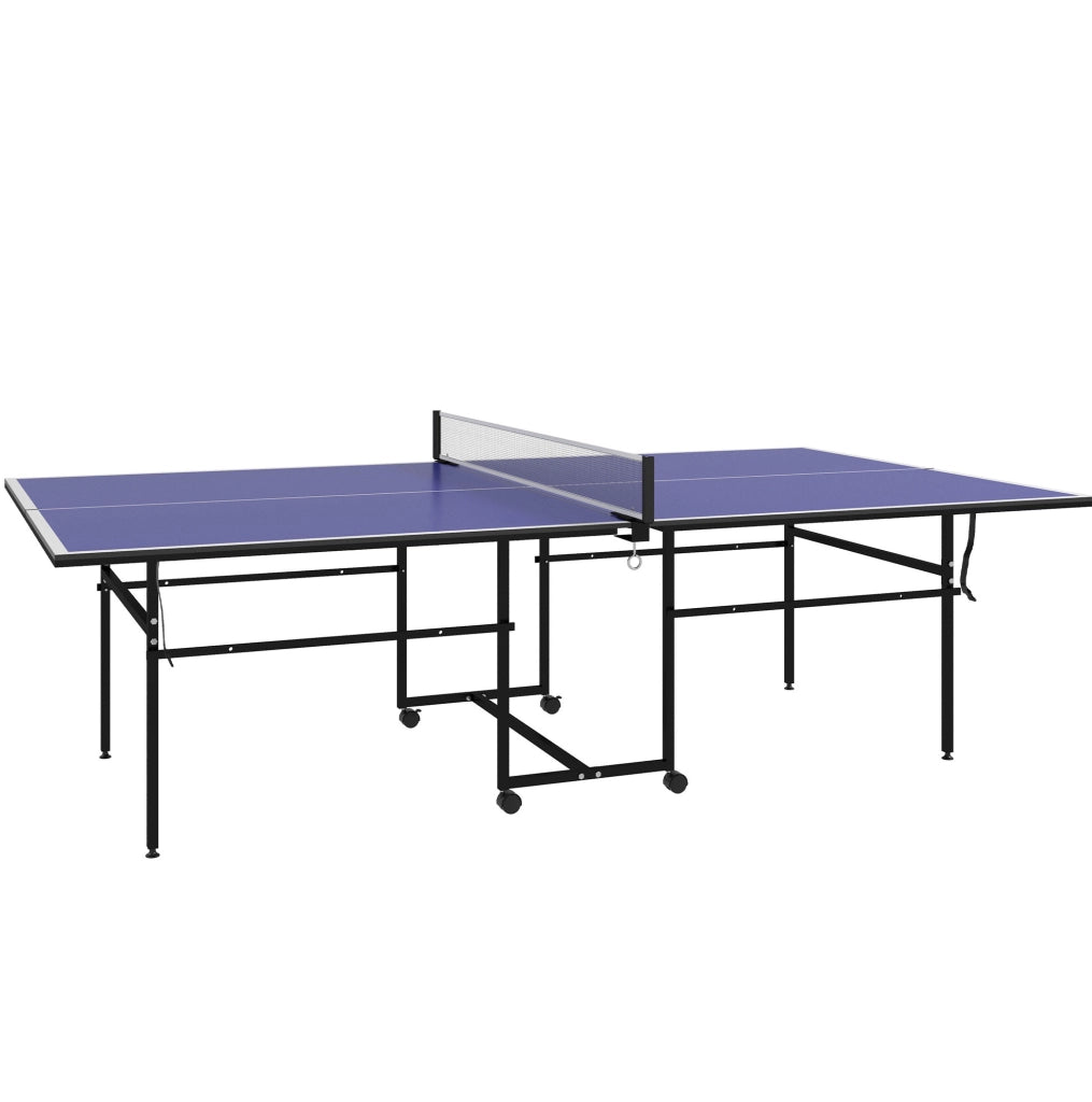 Tavolo da ping pong pieghevole blu con ruote e set da gioco
