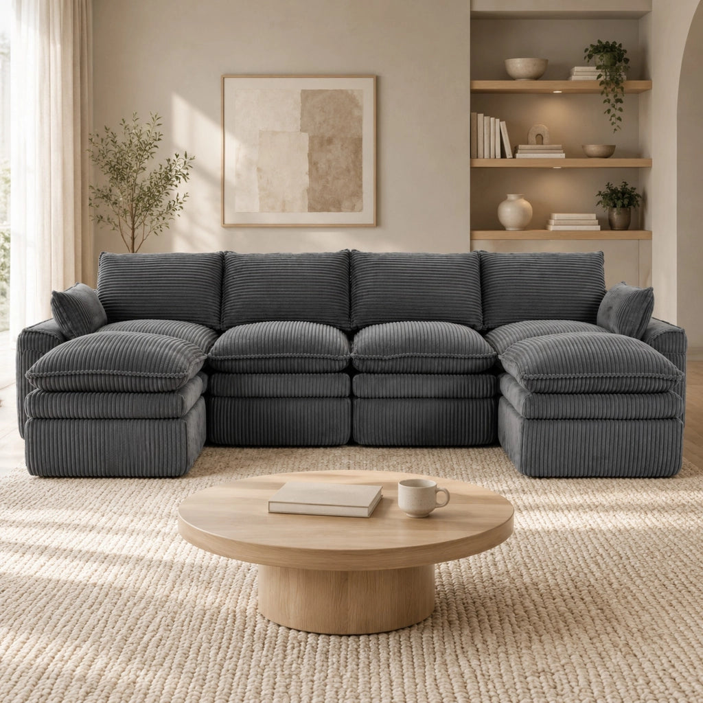 Divano modulare 335x167x85 cm con tasche laterali in velluto a coste grigio scuro