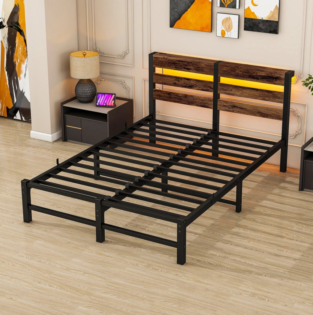 Letto per adulti 120x200 cm con 2 porte USB; LED RGB e spazio sottoletto di 27 cm; in metallo e legno; nero e marrone; senza materasso