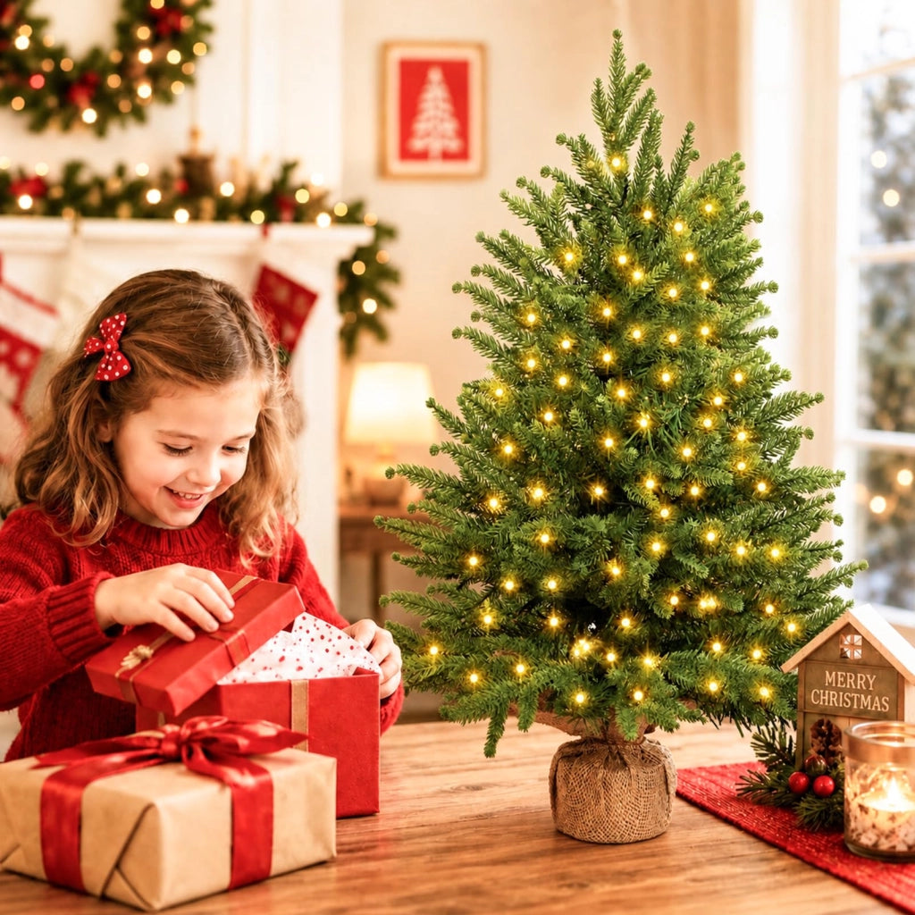 Albero di Natale artificiale mini, 60 cm, con timer, base in iuta e 40 luci a LED