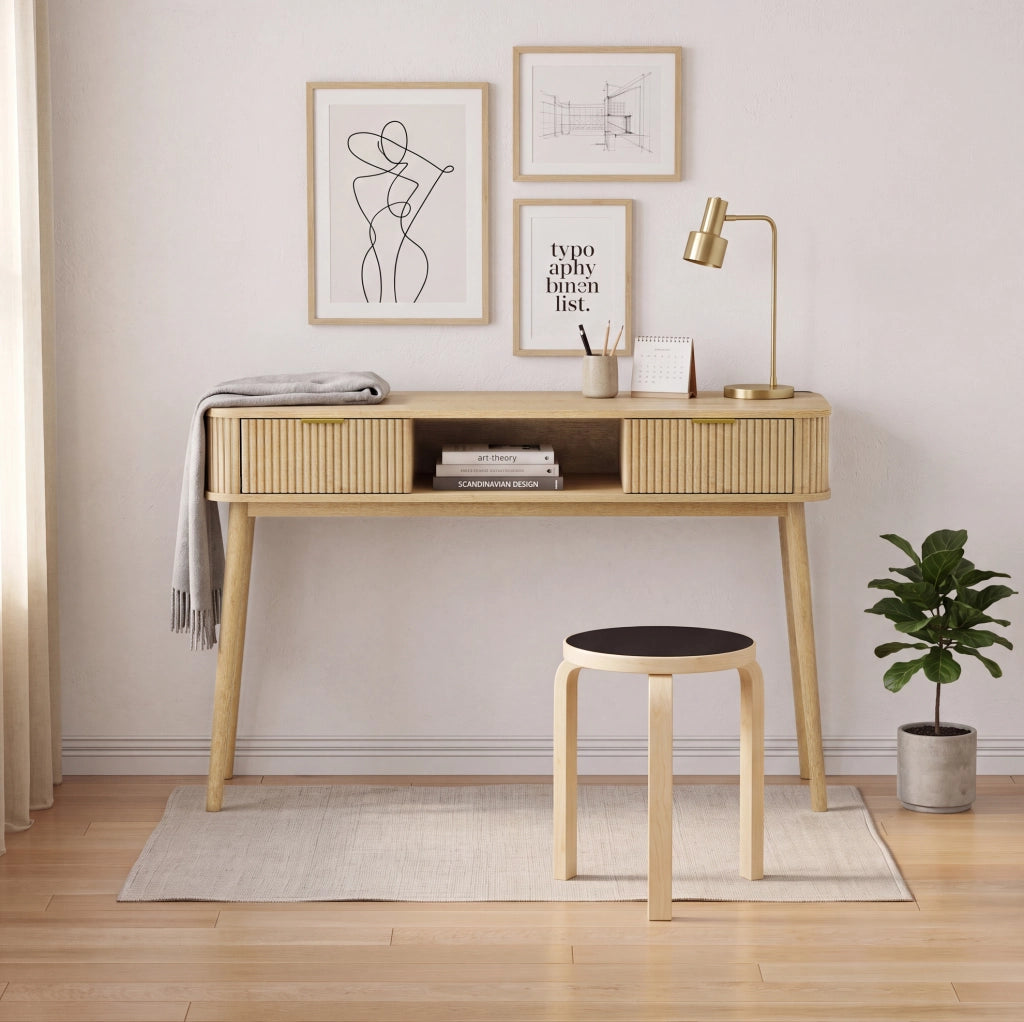 Consolle effetto rovere con due cassetti e ripiano aperto