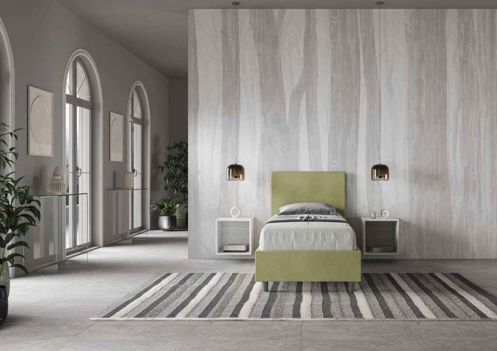 Letto Singolo Imbottito in Microfibra 90x190 Con Rete e Contenitore Adele Tè verde