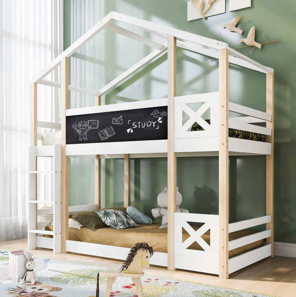 Letto a castello per bambini 90x200 cm con scala, tetto e rete a doghe in legno bianco per cameretta, senza materasso