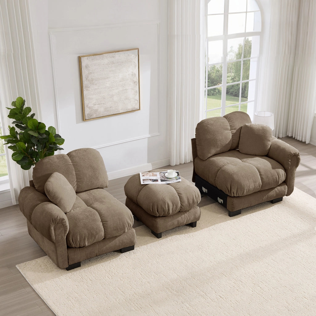 Divano modulare a 2 posti in ciniglia marrone con pouf mobile