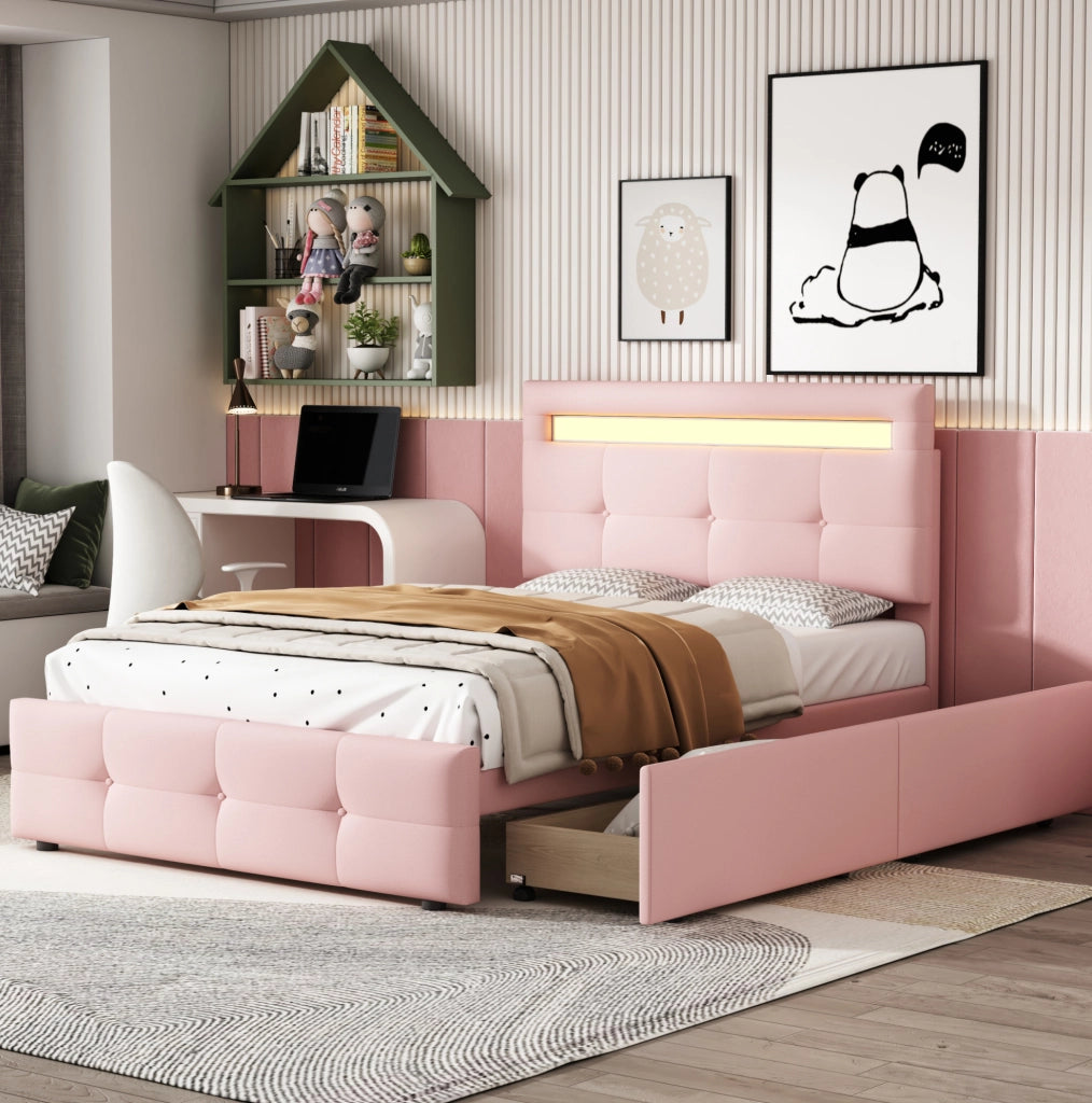 Letto contenitore per bambini 90x200 cm con testiera regolabile, rete a doghe e LED in tessuto rosa, per cameretta, senza materasso