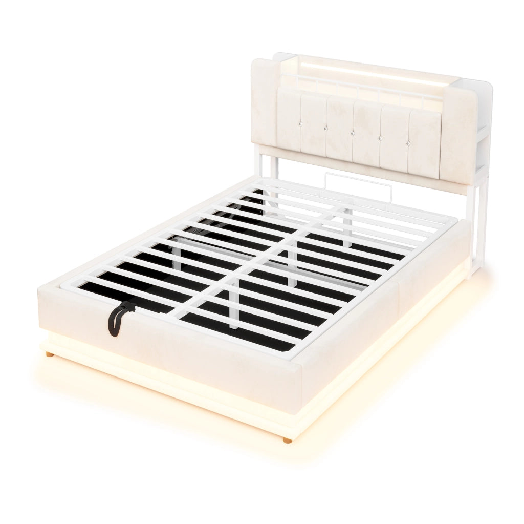 Letto contenitore imbottito 140 x 200 cm beige con LED e USB