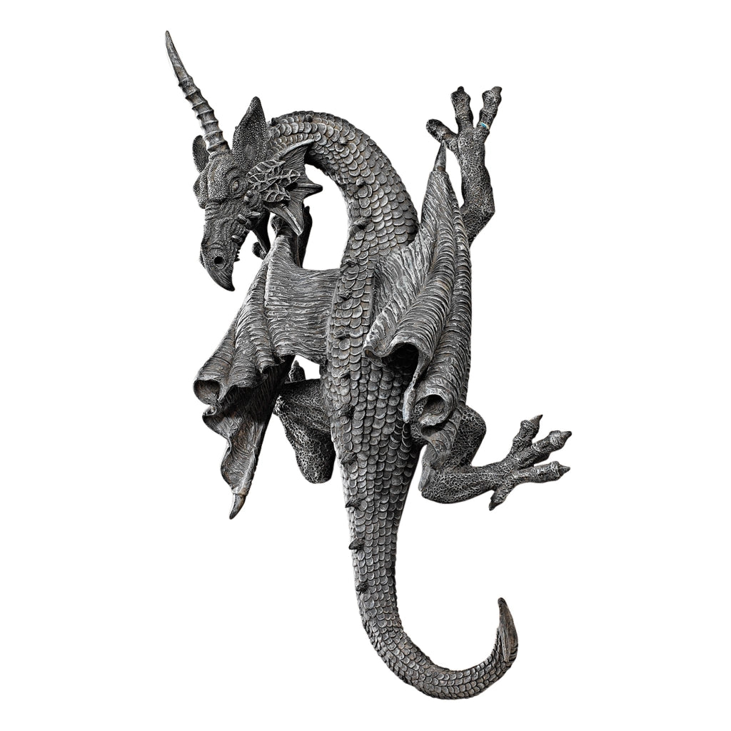 Scultura da parete a forma di drago, 33 cm, in resina, colore grigio