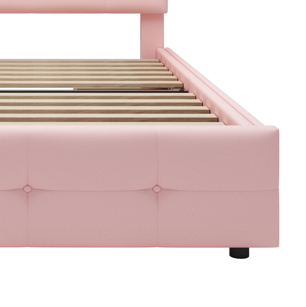 Letto contenitore per bambini 90x200 cm con testiera regolabile, rete a doghe e LED in tessuto rosa, per cameretta, senza materasso