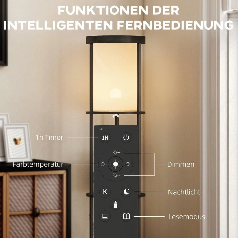 Lampada da terra nera con 3 ripiani, telecomando e luce regolabile