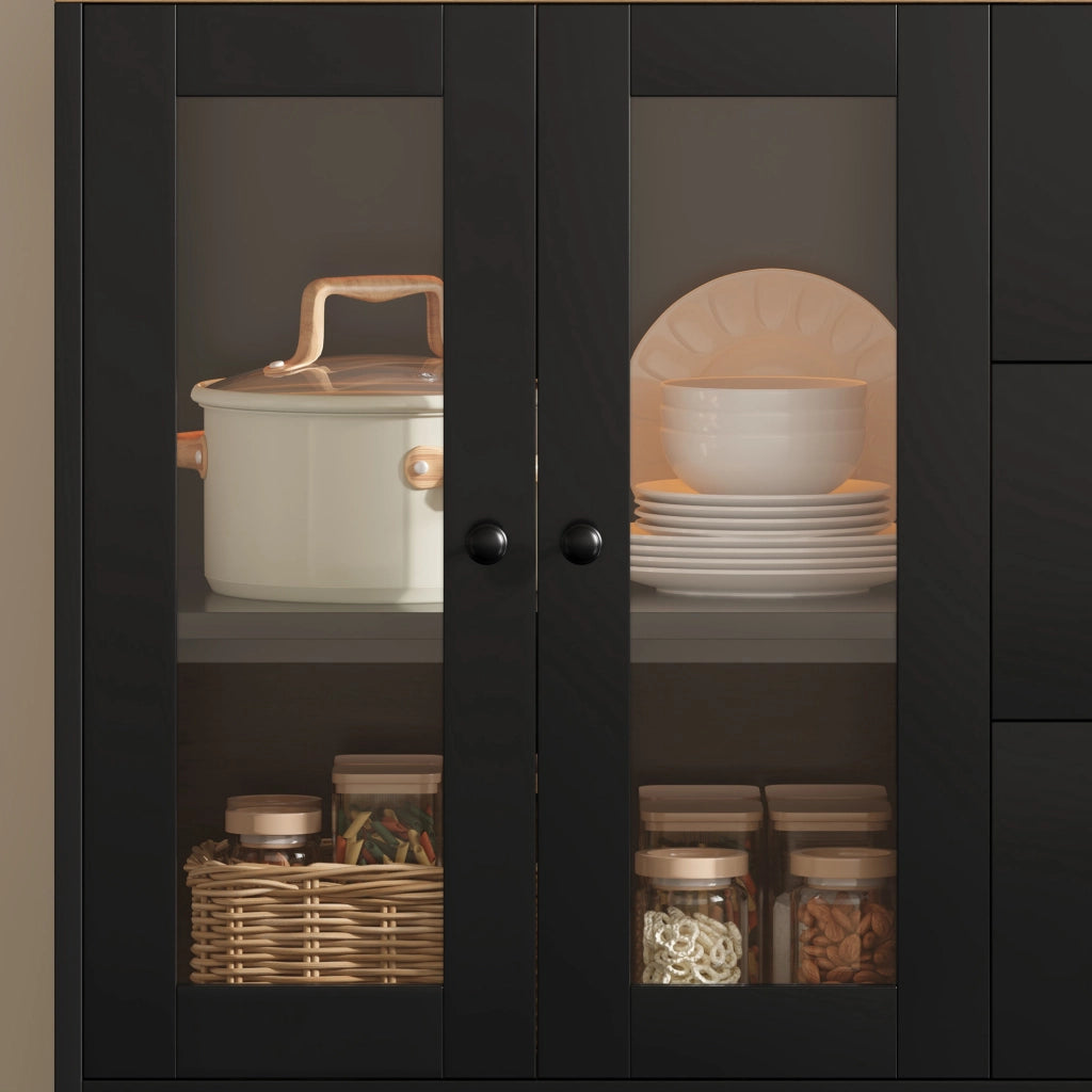 Mobile dispensa da cucina nero e naturale con LED e prese, 150 cm