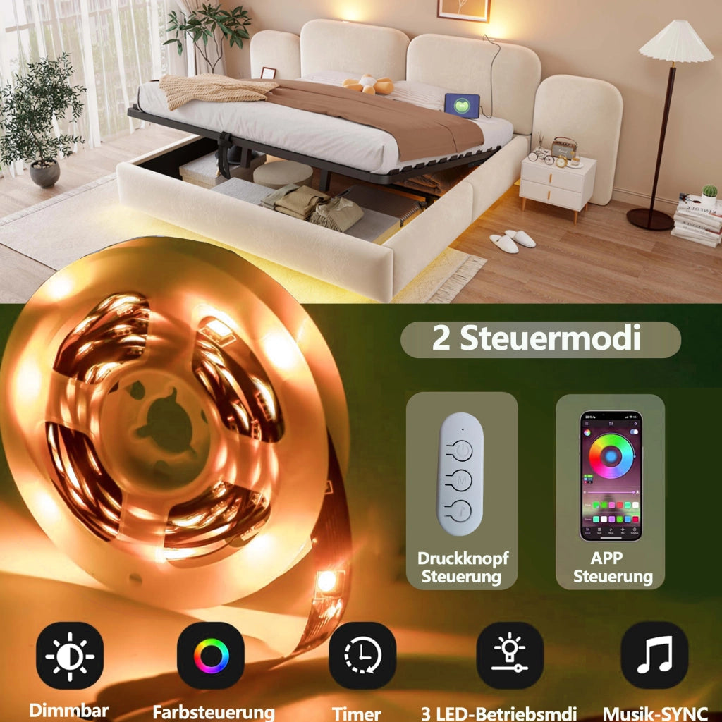 Letto contenitore imbottito 180 x 200 cm beige con LED e prese USB
