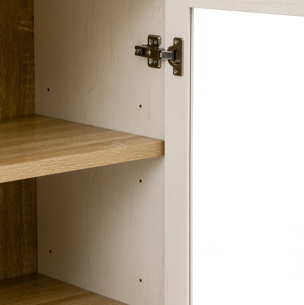 Credenza alta bianca con ante in vetro, ripiani regolabili e cassetti