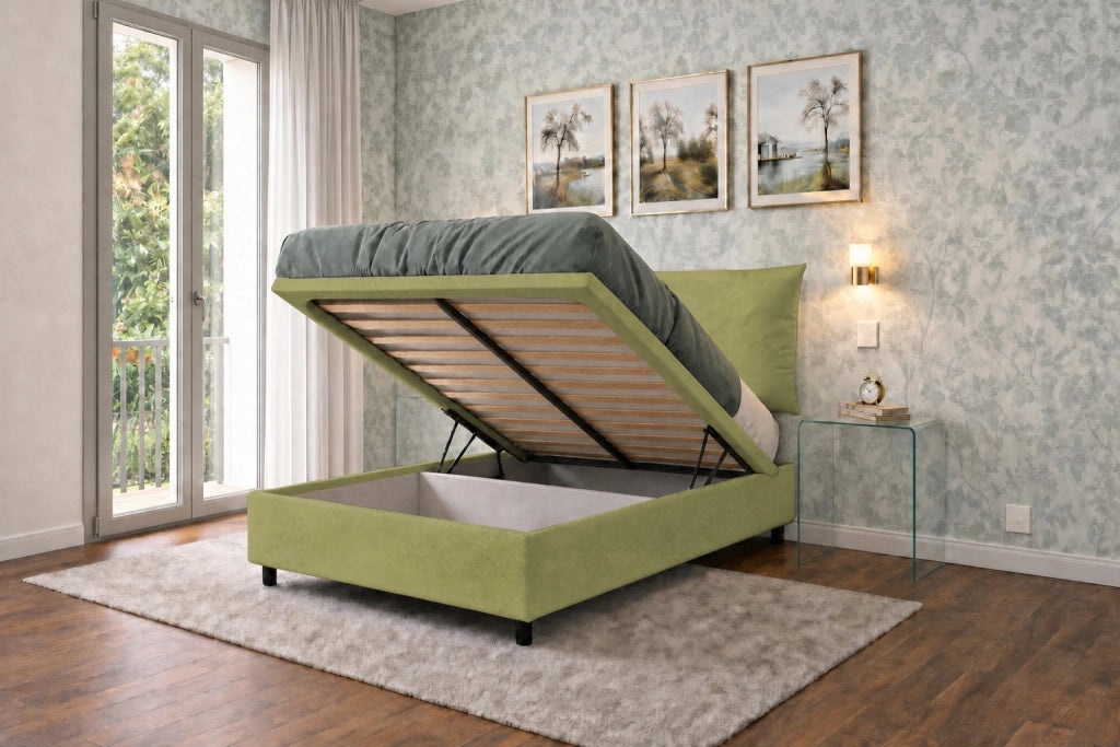 Letto 1 Piazza e Mezza Contenitore Imbottito 120x200 cm Microfibra Tè Verde Boxmax Testata Soft