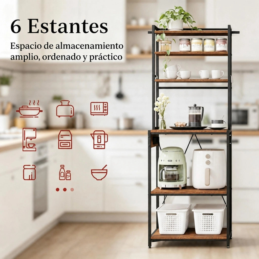Scaffale da cucina 60x40x167 cm in metallo e truciolare nero marrone con prese