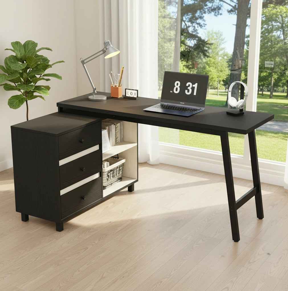 Scrivania angolare 150x100 cm nera e bianca in MDF con 3 cassetti