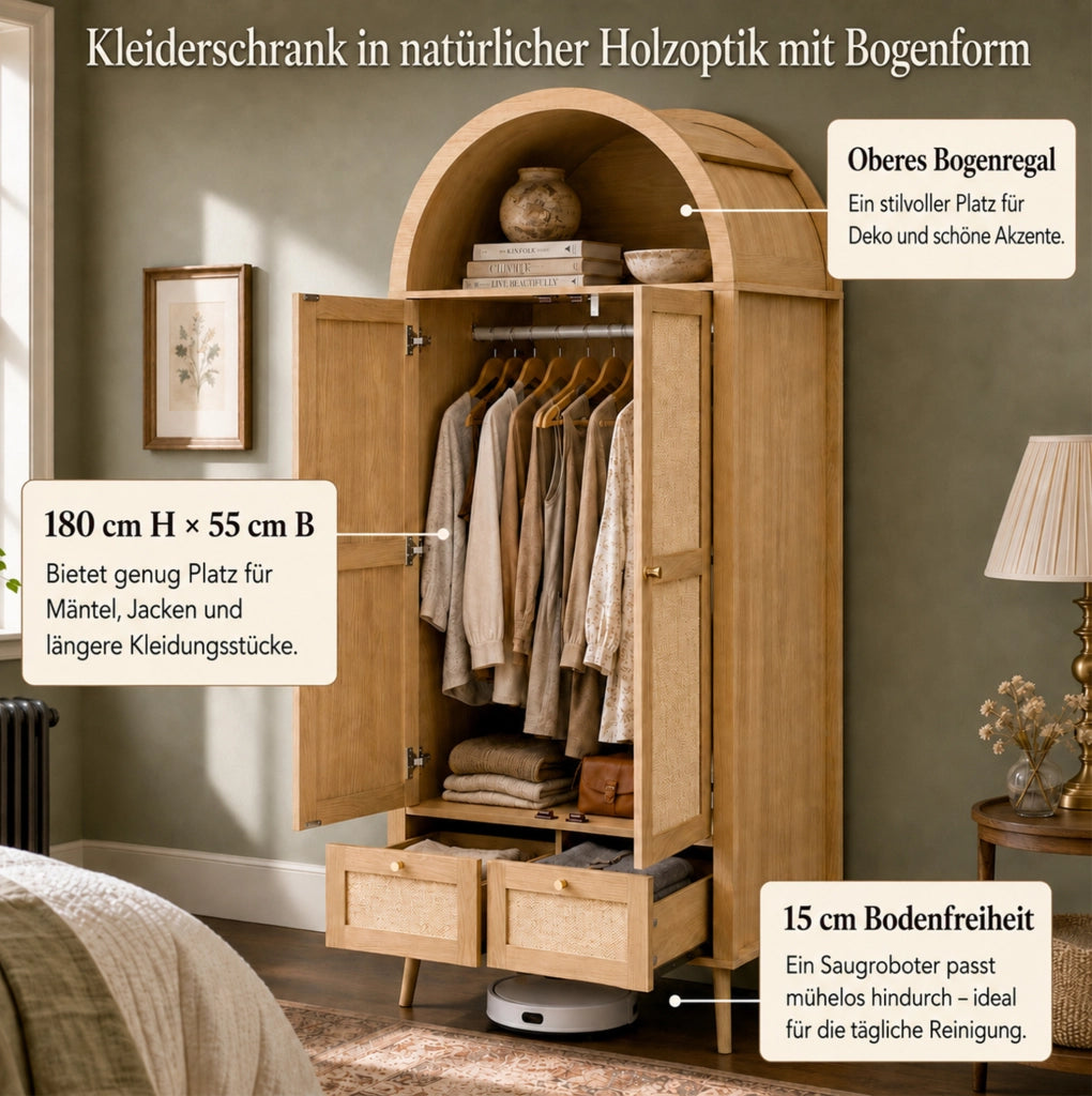 Armadio ad arco effetto rovere e rattan con 2 cassetti