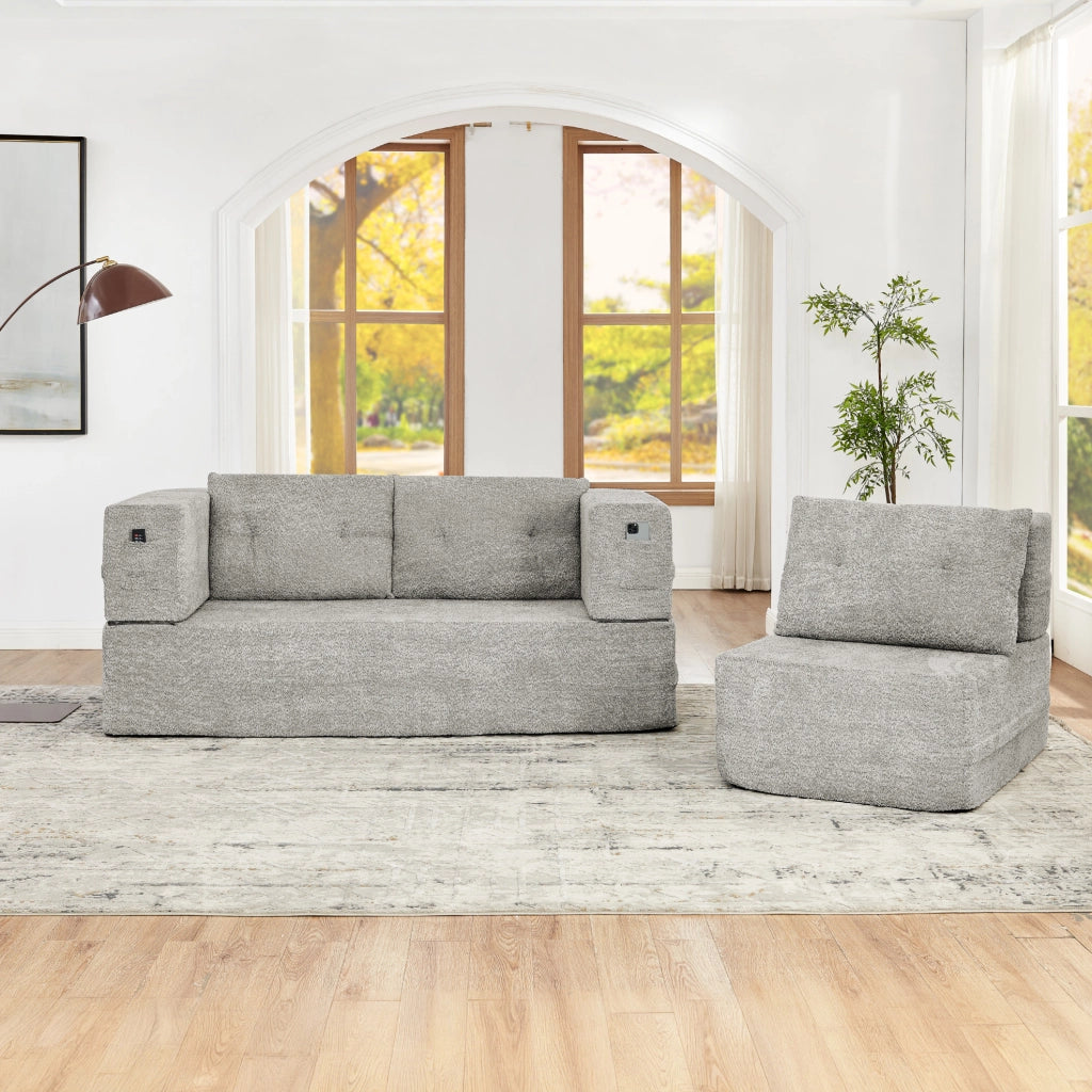 DIVANO modulare 2 posti trasformabile in letto con poltrona, grigio chiaro, set da 2 pezzi