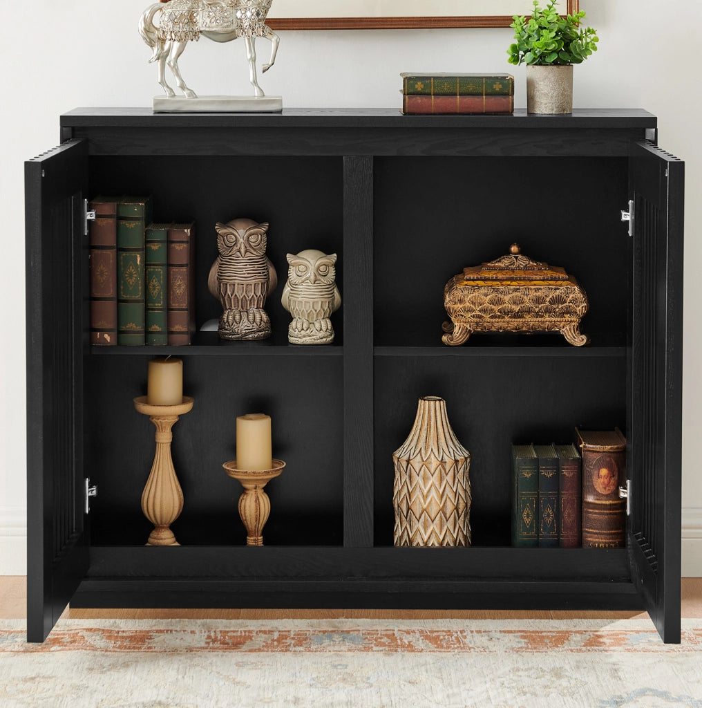 Credenza nera in MDF con ante a listelli e 2 aperture passacavi, 99 x 23,5 x 82,6 cm