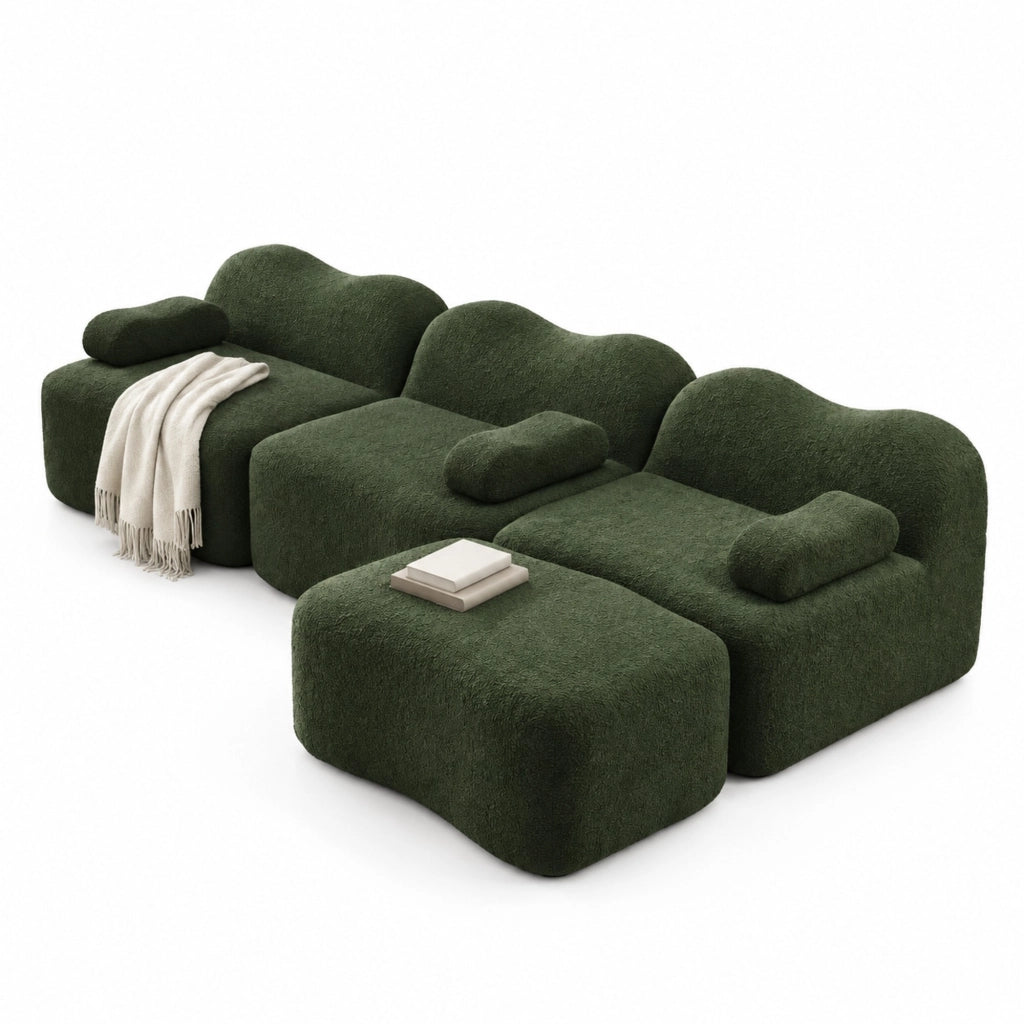 Divano angolare modulare in velluto verde con pouf