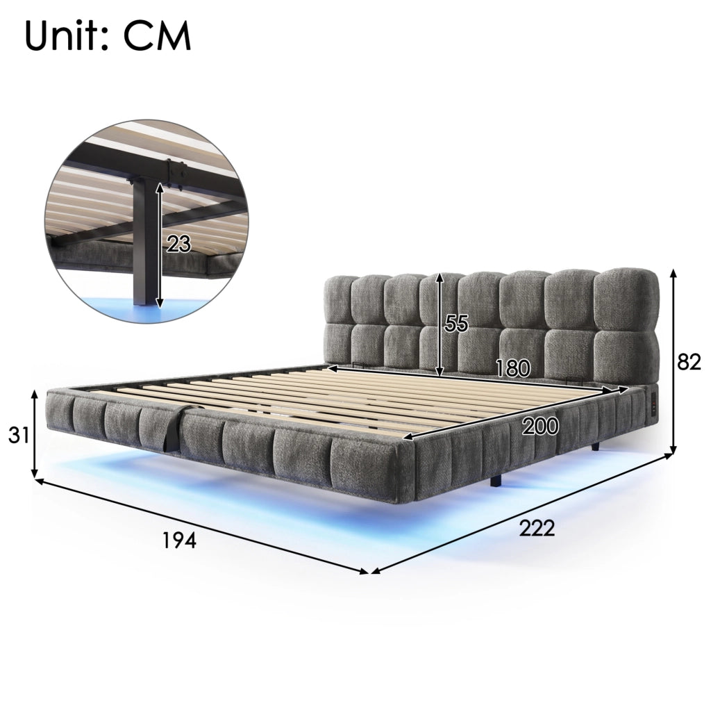 Letto matrimoniale contenitore 180x200 cm in ciniglia grigio con LED e USB