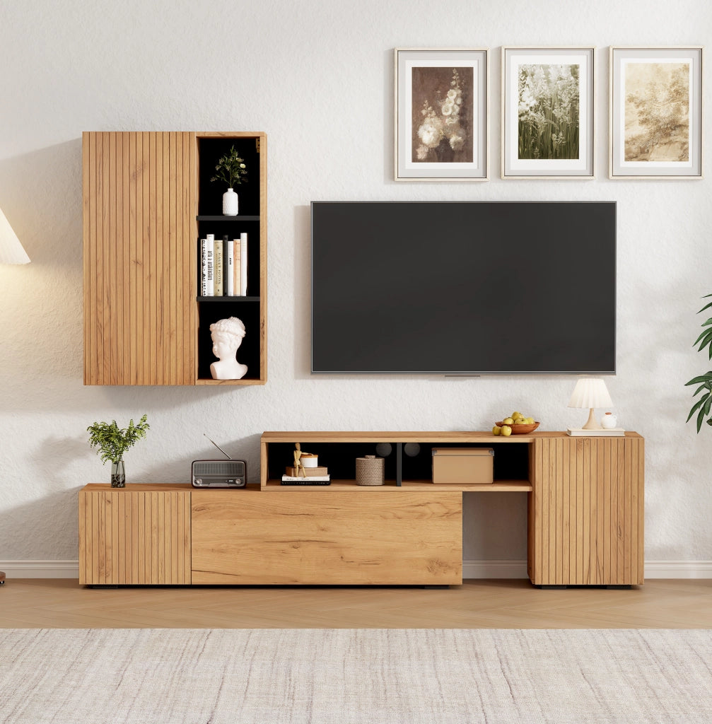 Parete TV in rovere e nero con mobile regolabile e pensile