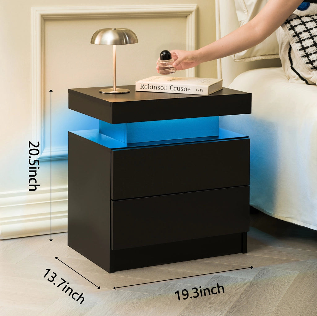 Comodino nero con LED multicolore e 2 cassetti