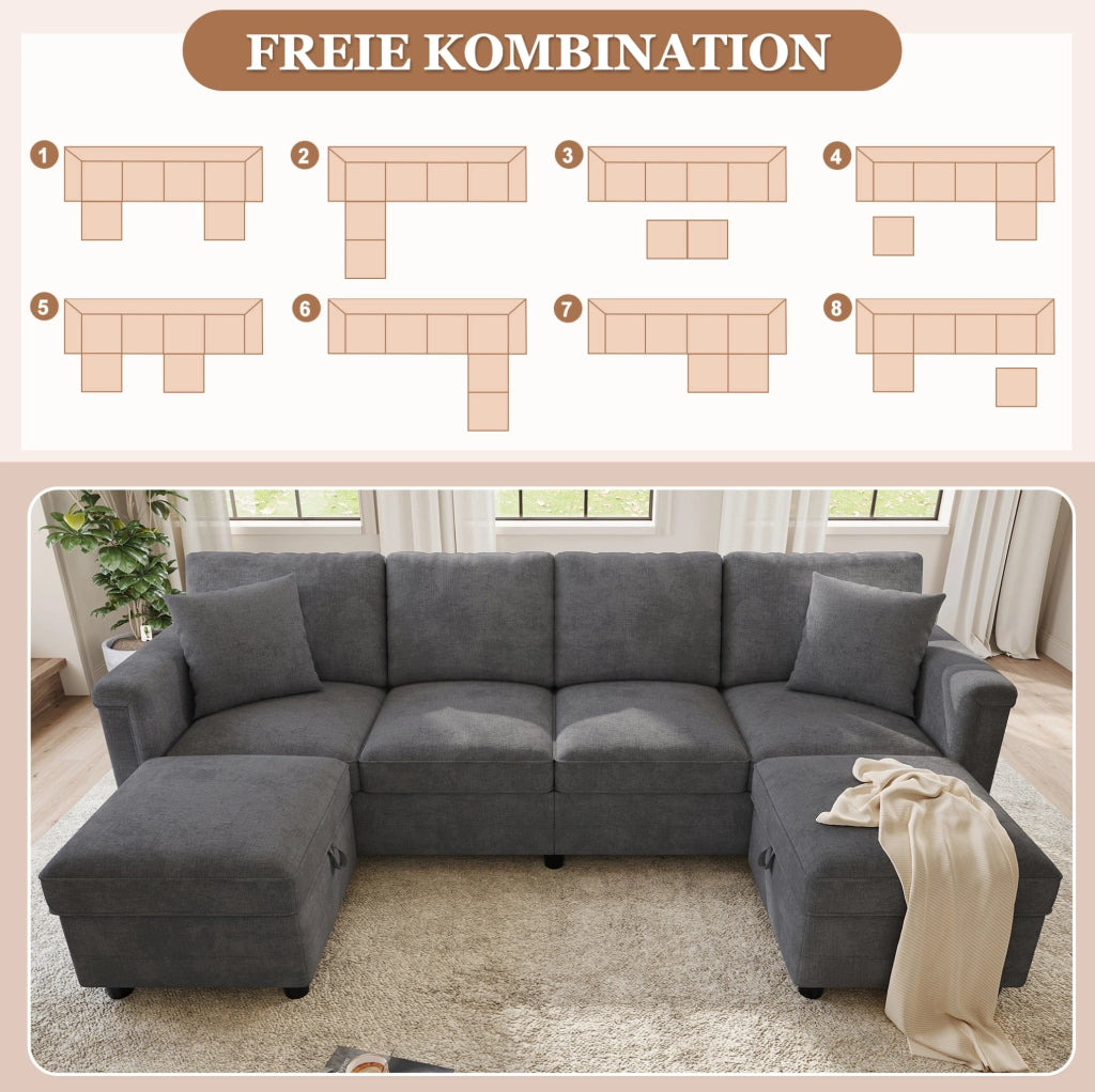 Divano modulare in ciniglia grigio con due pouf contenitore